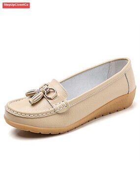 Women's Genuine Leather Loafers Slip On Walking Flats Rubber Sole